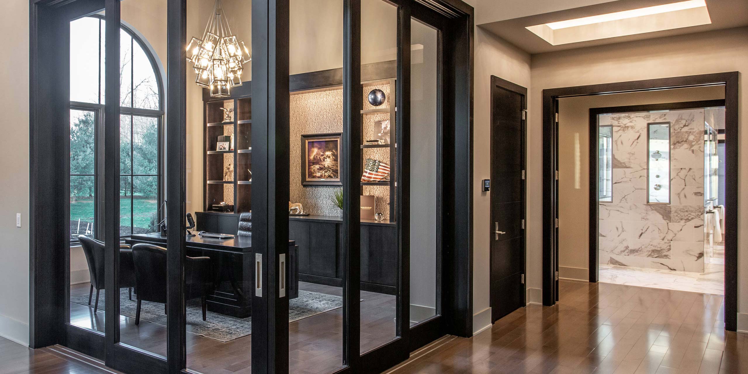 home office with blue walls